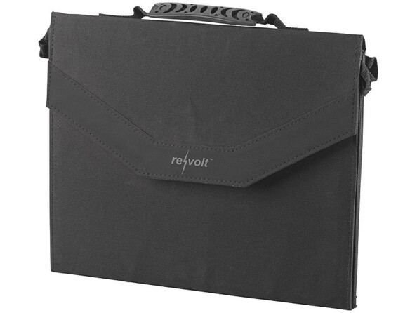 Pochette intégrée au panneau solaire avec rabat avec logo Revolt à l'avant et poignée de transport sur le dessus