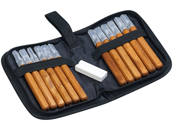 12 outils de sculpture avec étui de rangement et pierre à aiguiser