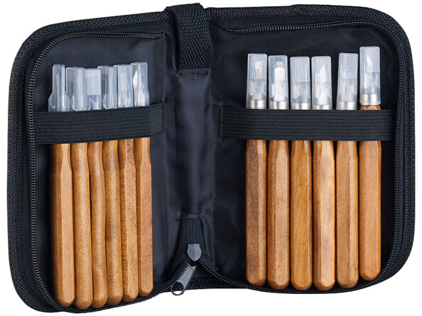 12 outils de sculpture avec étui de rangement et pierre à aiguiser