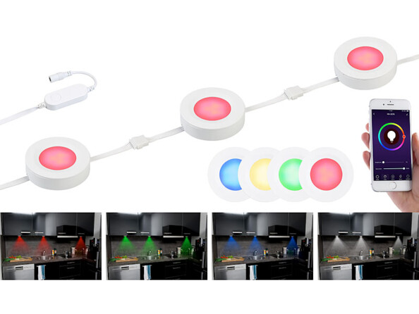 Différentes couleurs émises par les spots à LED connectés ULA-100.