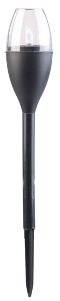 Torche solaire noire avec dôme transparent effet flamme, piquot de fixation et éclairage LED sur fond blanc