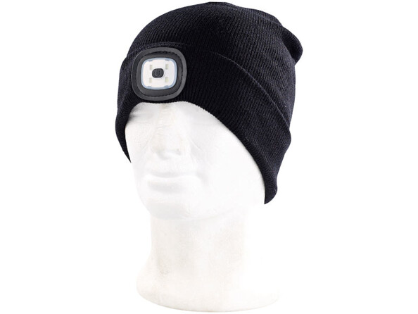 Bonnet avec lampe frontale LED intégré mis en situation sur une tête