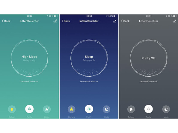 Déshumidificateur et purificateur LFT-250. Application qui affiche plusieurs modes d'utilisation