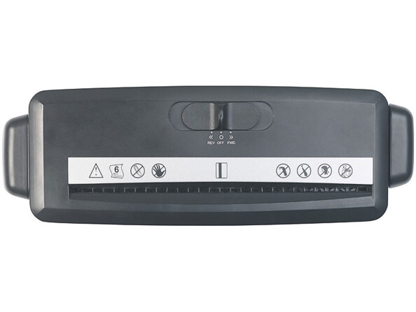 Couvercle du destructeur de documents avec fente pour entrée de papier, bande blanche avec symboles d'avertissement relatifs à l'utilisation de l'appareil et commutateur de mode de fonctionnement (Marche/Arrêt/Marche arrière)