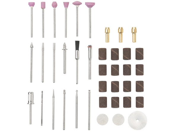 Vue sur les outils de la mini perceuse multifonction AGT