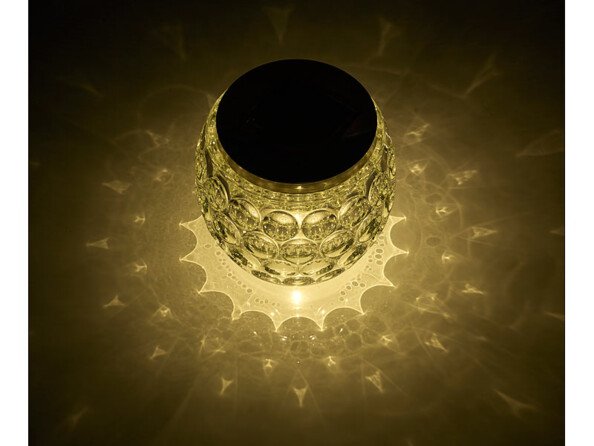 photophore solaire en verre de table avec lumière blanc chaud et effets de lumière lunartec