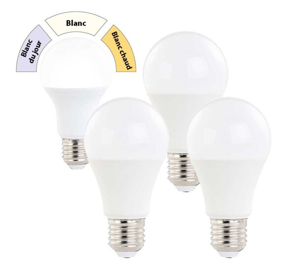 Pack de 4 ampoules LED E27 / 10 W / 810 lm / A+ à 3 températures d'éclairage