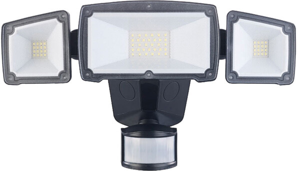 Vue de face du spot mural LED solaire avec grand projecteur central et 2 petites lampes latérales et détecteur de mouvement et de luminosité au centre bas