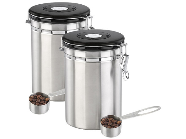 Lot de 2 boîtes à café avec calendrier intégré et cuillères doseuses.