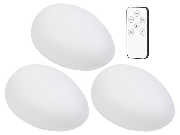 Pack de 3 galets lumineux solaires avec batterie, télécommande avec pile bouton, 2 piquets et mode d'emploi en français