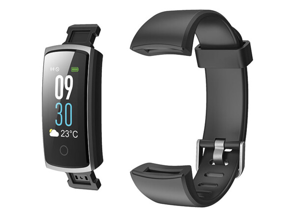 Bracelet connecté avec mesure de fréquence cardiaque.