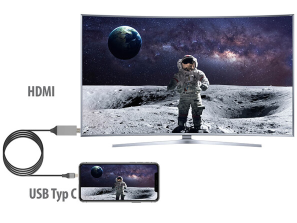 Câble USB-C vers HDMI pour transfert 4K / 60 Hz - 2 m mise en situation . Connexion d'un smartphone sur un téléviseur