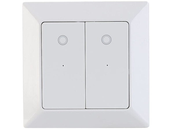 Double interrupteur connecté LHC-52 Luminea Home Control vue de face avec 2 boutons poussoirs, compatible wifi pour fonctions automatiques programmables et connexion à l'application. L'appareil est alimenté par prise secteur 230 V.