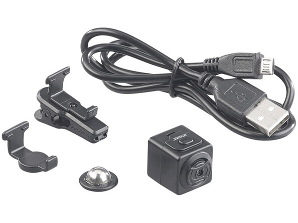 Mini caméra HD DV-705.cube Somikon. Accessoires et câble USB.