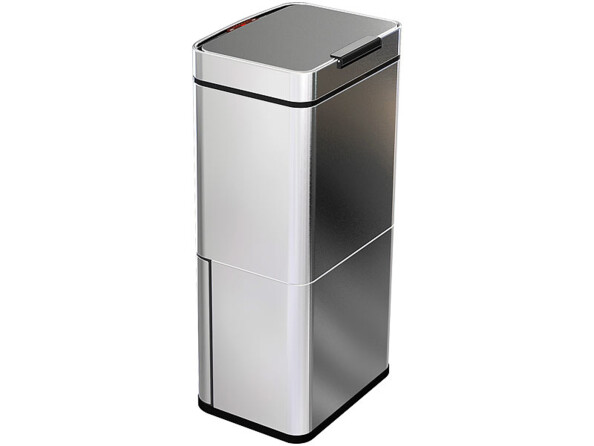 Vue de biais de la poubelle automatique 72 L en acier inoxydable d'Infactory