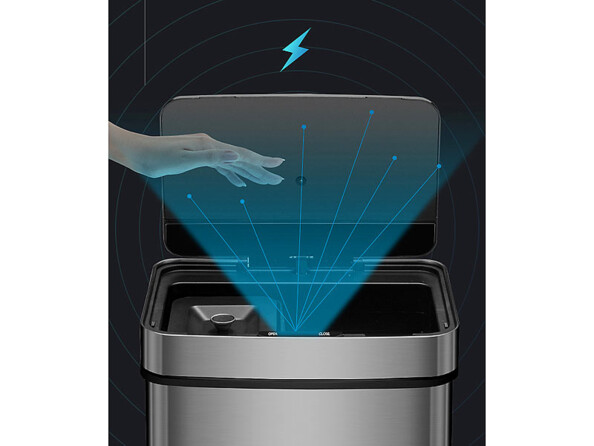 Schématisation de la détection de mouvement de la poubelle à travers un hologramme dessiné au-dessus du capteur de mouvement de la poubelle électrique
