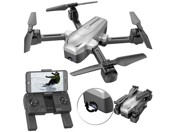 Quadricoptère GPS pliable connecté avec caméra 4K GH-260.fpv.Plé, déplié et télécommande.