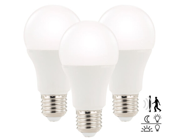 3 ampoules à LED 12 W/E27 avec détecteur d'obscurité et de mouvement blanc