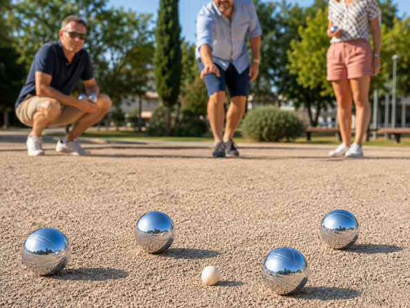 Partie de pétanque en plein air avec quatre boules métalliques autour du cochonnet et trois personnes en train de jouer