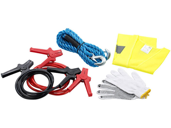 Kit d'urgence auto avec gilet de sécurité, câble de remorquage et de démarrage