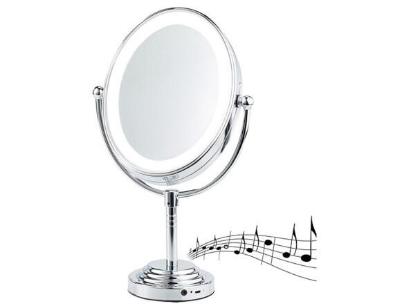 miroir grossissant a pied pour maquillage 2 faces grossissement x5 avec haut parleur sans fil bluetooth intégré grand format