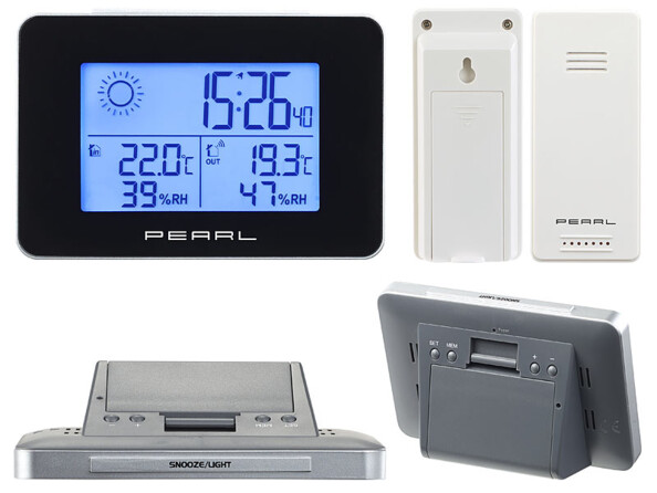 Station météo & horloge radio-pilotée avec capteur extérieur sans fil Pearl Prévisions météo avec symboles.