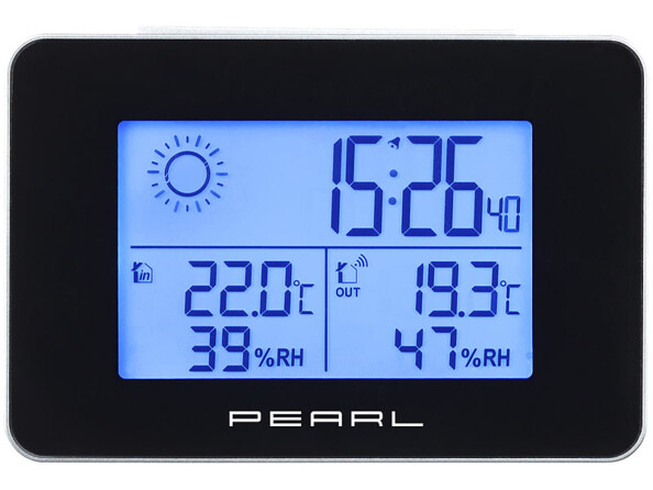 Station météo & horloge radio-pilotée avec capteur extérieur sans fil Pearl . Thermomètre et hygromètre