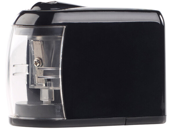 Côté gauche du corps du taille-crayon avec orifice de taille de crayon et réservoir transparent à l'avant de l'appareil