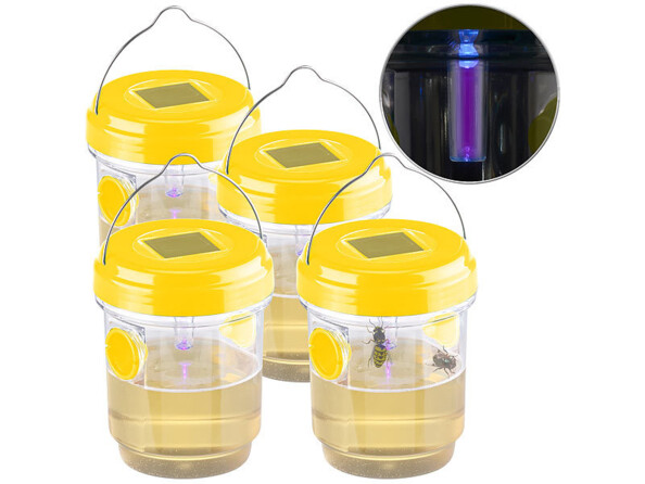 4 pièges à insectes à LED solaire avec liquide et guèpes capturées et vignette nocturne