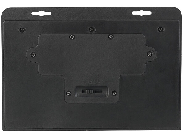 Arrière du boîtier noir de la lampe d'extérieur avec 2 orifices de suspension sur le haut, compartiment à accumulateur 1200 mAh et interrupteur Marche/Arrêt/Mode au centre