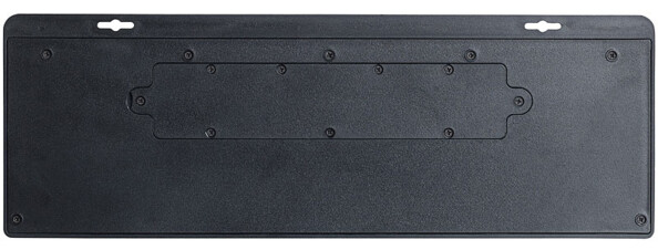 Arrière du boîtier noir de la lampe d'extérieur avec 2 orifices de suspension sur le haut, compartiment à accumulateur et interrupteur Marche/Arrêt/Mode au centre