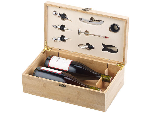 Coffret cadeau pour 2 bouteilles de vin avec accessoires de sommelier.