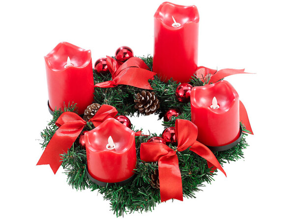 Couronne de l'Avent avec ornements rouges & 4 bougies à LED