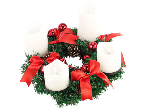 Couronne de l'Avent avec ornements rouges & 4 bougies à LED