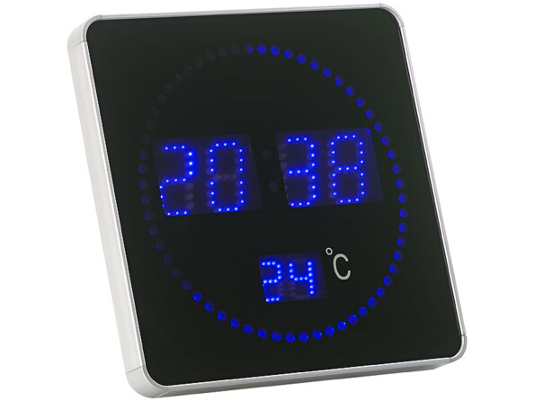 Horloge murale radio-pilotée à LED bleues de Lunartec. Design épuré avec cadre en aluminium