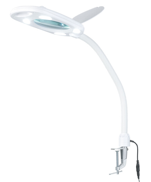 Lampe et loupe 2 en 1 avec adaptateur secteur, pince à vis et mode d'emploi en français