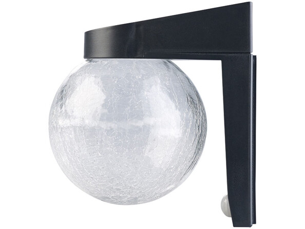 Lampe murale solaire vue de coté et sur le detecteur de mouvement au bas dy support