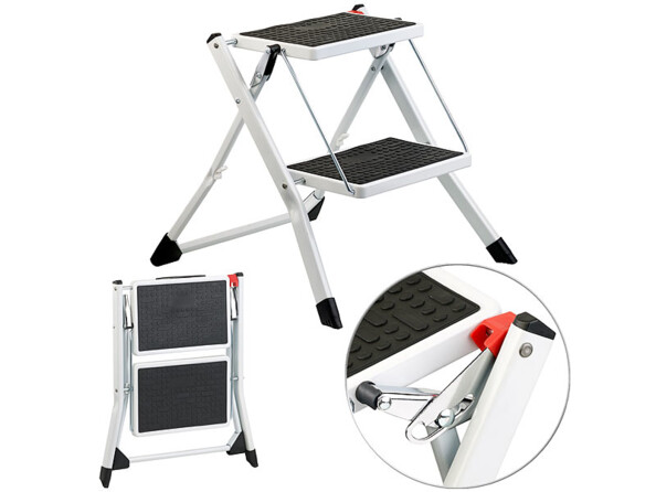 escapeau pliable 2 marches avec revêtement antidérapant en acier avec maintien sécurisé