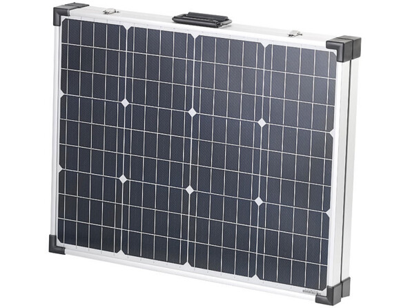 Panneau solaire mobile 110 W plié avec sa poignée de transport.