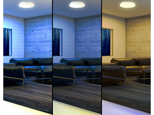 Mise en situation du plafonnier connecté CCT Luminea de Ø 34 cm.