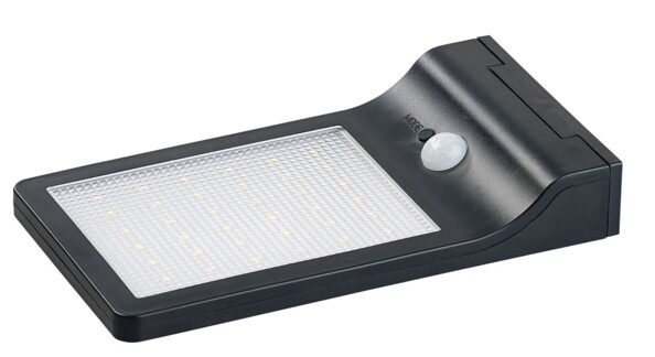 Applique mural solaire format plat et rectangulaire coloris noir vue du dessous avec panneau à 36 LED SMD et capteur de mouvement et d'obscurité