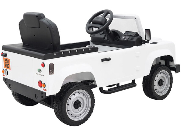 Voiture pour enfant Land Rover blanc vu de derrière.