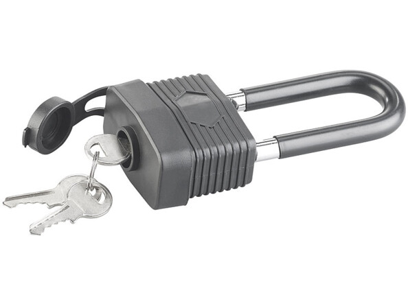 Le trou de serrure de ce cadenas possède un cache de protection contre la pluie et la saleté