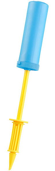 Pompe à ballons bleue et jaune avec piquet de stabilisation pour fixation au sol sur fond blanc