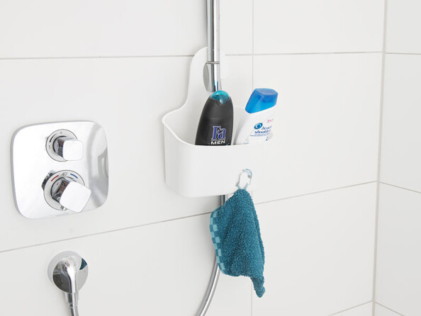 panier en plastique avec crochet blanc pour pommeau de douche