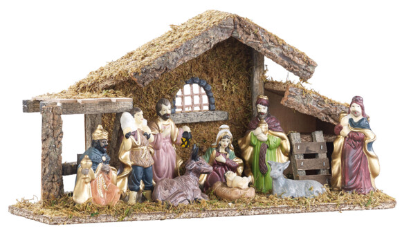 Crèche de Noël en bois avec figurines en porcelaine peintes à la main - Grande Britesta