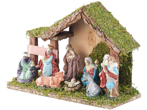 Crèche de Noël en bois avec figurines en porcelaine peintes à la main - Petite