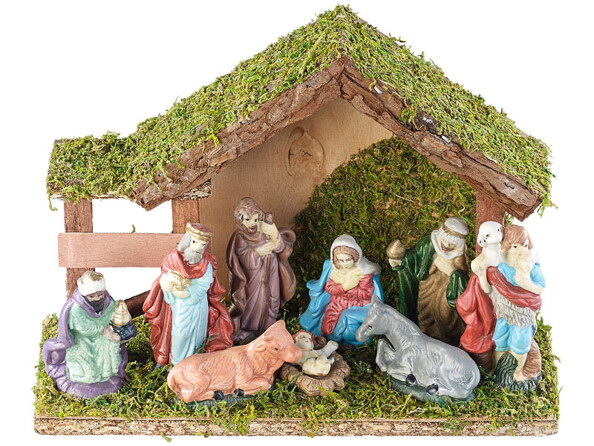 Crèche de Noël en bois avec figurines en porcelaine peintes à la main - Petite
