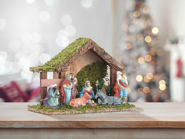 Crèche de Noël en bois avec figurines en porcelaine peintes à la main - Petite