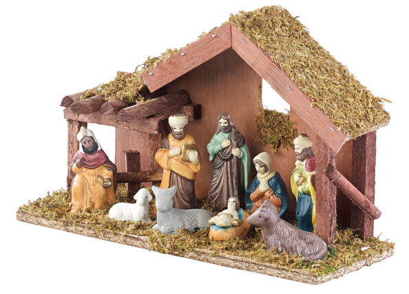 Crèche de Noël en bois avec figurines en porcelaine peintes à la main